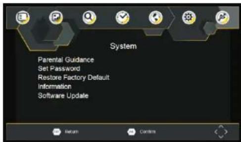 System Parental Guidance Set Password Restore Factory Default Information Software Update