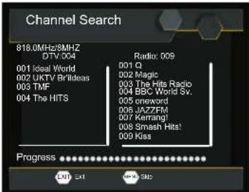 Channel Search 818.0MHz/8MHz DTV 004 001 Ideal World 002 UKTV Brillideas 003 TMF 004 The HITS Radio: 009 001 Q 002 Magic 003 The Hits Radio 004 BBC World Sv. 005 crenword 006 JAZZFM 007 Kerrang! 008 Smash Hits! 009 Kiss Progress LNT Exit AAG SBC