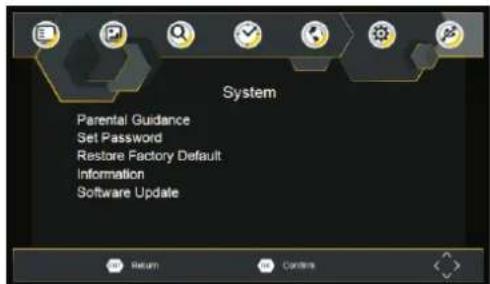 System Parental Guidance Set Password Restore Factory Default Information Software Update