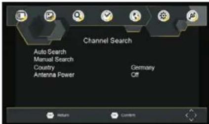 Channel Search Auto Search Manual Search Country Antenna Power Germany Off Return Custom Search