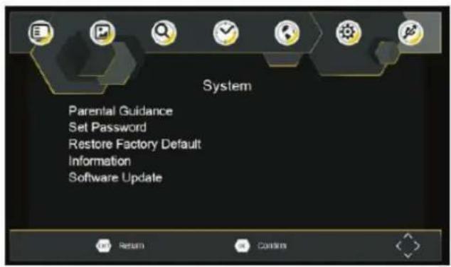 System Parental Guidance Set Password Restore Factory Default Information Software Update