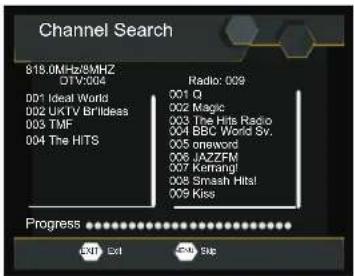Channel Search B15.0MHz/8MHz DTV:004 Radio: 009 001 Q 002 Magic 003 The Hits Radio 004 BBC World Sv. 005 oneword 006 JAZZFM 007 Karrangi 008 Smash Hits! 009 Kiss Progress EXIT Exit CAM Skip