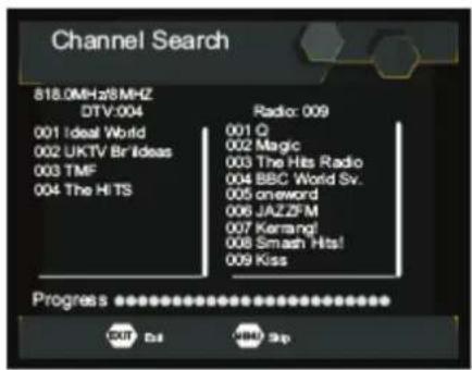 Channel Search 818.0MHz/8MHz DTV:004 001 Ideal World 002 UKTV Br Ideas 003 TMF 004 The HITS Radio: 009 001 Q 002 Magic 003 The Hits Radio 004 BBC World Sv. 005 oneword 006 JAZZFM 007 Kerrang! 008 Smash Hits! 009 Kiss Progress OK Call Help Skip