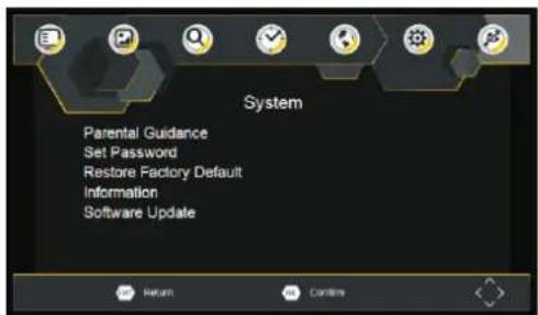 System Parental Guidance Set Password Restore Factory Default Information Software Update