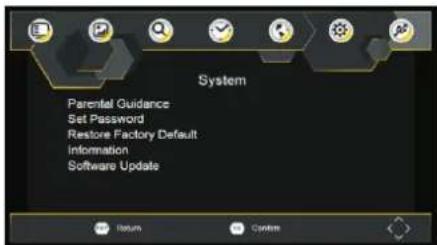 System Parental Guidance Set Password Restore Factory Default Information Software Update