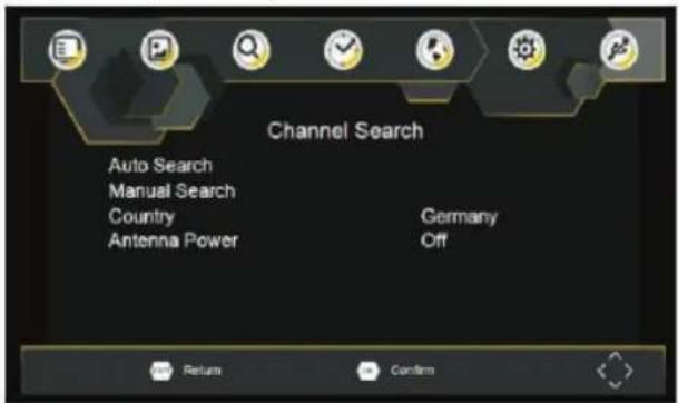 Channel Search Auto Search Manual Search Country Antenna Power Germany Off Return Confirm