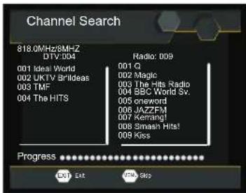 Channel Search 818.0MHz/8M-HZ DTV 004 Radio: 009 001 Q 002 Magic 003 The Hits Radio 004 BBC World Sv. 005 oneword 006 JAZZFM 007 Kering! 008 Smash Hits! 009 Kiss Progress OUT EXT INFO OUT