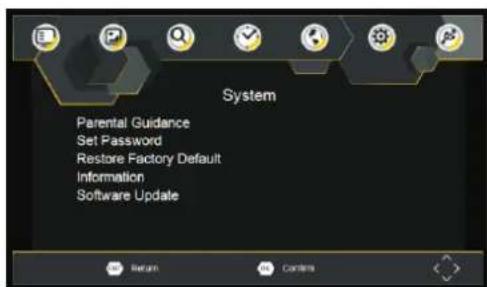 System Parental Guidance Set Password Restore Factory Default Information Software Update