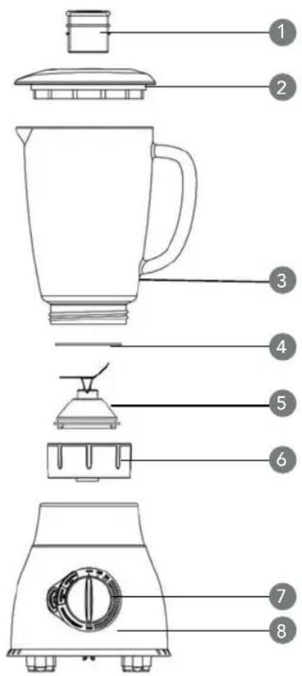 Exploded diagram of a blender with numbered parts for identification