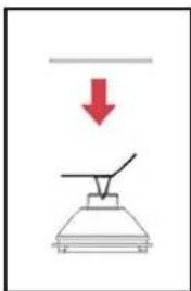 Diagram showing a downward arrow labeled '↓' pointing to a conical object with a handle, likely indicating a process or control mechanism.