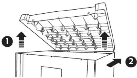 Diagram of a mechanical device with labeled parts and directional arrows indicating movement or force directions.