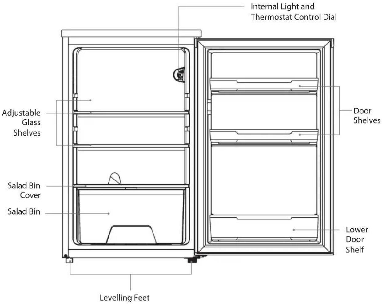 Internal Light and Thermostat Control Dial Adjustable Glass Shelves Salad Bin Cover Salad Bin Leveling Feet Door Shelves Lower Door Shelf