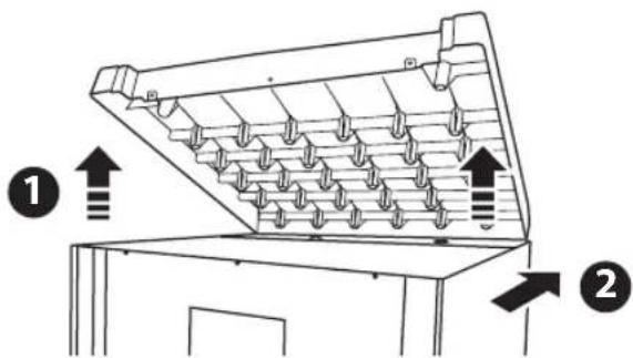 Diagram of a mechanical device with labeled parts and directional arrows indicating movement or force directions.