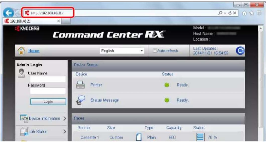 http://192.168.48.21/ 192.168.48.21 Command Center RFX Home English Auto-refresh Last Updated : 2014/11/21 16:54:50 Admin Login User Name Password Login Device Information > Job Status > Device Status Device Status Printer Ready. Status Message Ready. Paper Source Size Type Capacity Status Cassette 1 Custom Plan 500 70 %