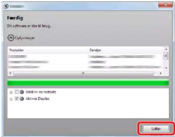 Færdig Dit software er idor til brug. Oplysninger Produkter Deteljer Udskriv en testside Aktiver Duplex Udfor