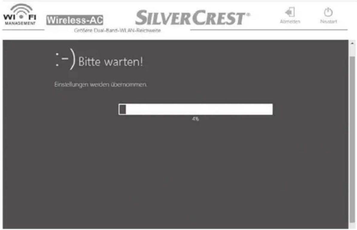 Wi FI MANAGEMENT Wireless-AC SILVER CREST® Größere Dual-Band-WLAN-Reichweite :—) Bitte warten! Einstellungen werden übernommen. 4%