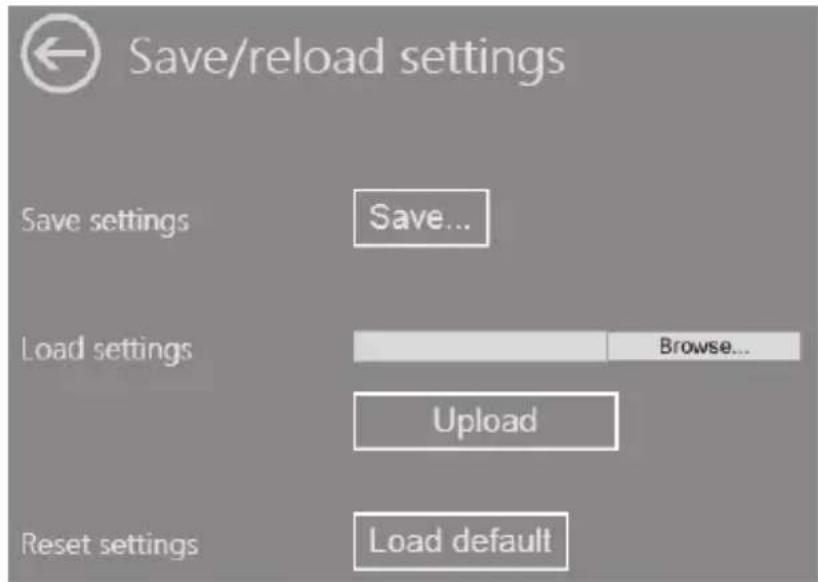 Save/reload settings Save settings Save... Load settings Browse... Upload Reset settings Load default