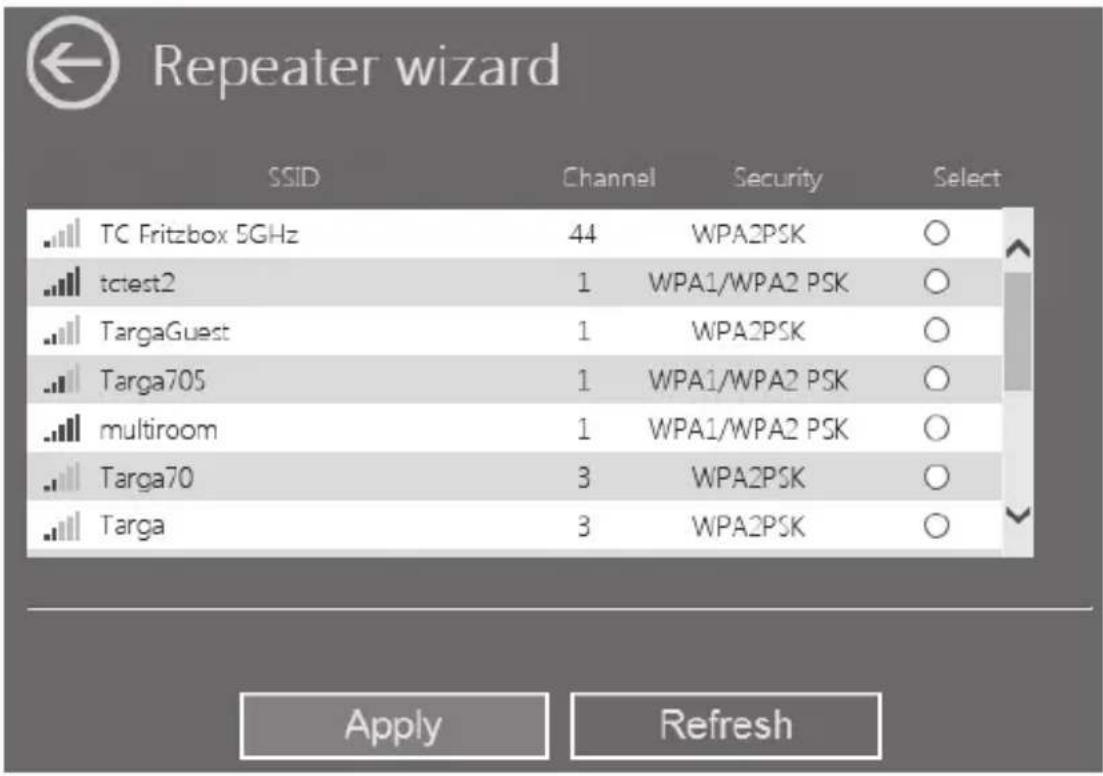 Repeater wizard SSID Channel Security Select TC Fritzbox 5GHz 44 WPA2PSK ○ tctest2 1 WPA1/WPA2 PSK ○ TargaGuest 1 WPA2PSK ○ Targa705 1 WPA1/WPA2 PSK ○ multiroom 1 WPA1/WPA2 PSK ○ Targa70 3 WPA2PSK ○ Targa 3 WPA2PSK ○ Apply Refresh