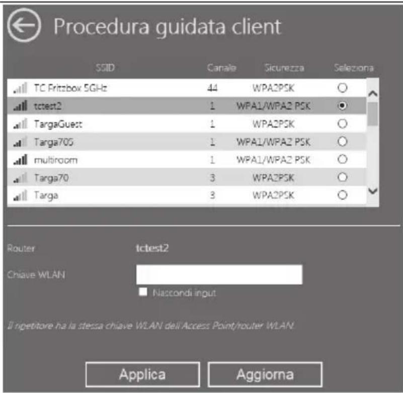 Procedura guidata client SSID Canale Sicurezza Seleziona TC Fritzbox 5GHz 44 WPA2PSK ○ tctest2 1 WPA1/WPA2 PSK ○ TargaGuest 1 WPA2PSK ○ Targa70G 1 WPA1/WPA2 PSK ○ multiroom 1 WPA1/WPA2 PSK ○ Targa70 3 WPA2PSK ○ Targa 3 WPA2PSK ○ Router tctest2 Chiave WLAN Nascondi input Il ripetitore ha la stessa chiave WLAN dell'Access Point/router WLAN. Applica Aggiorna