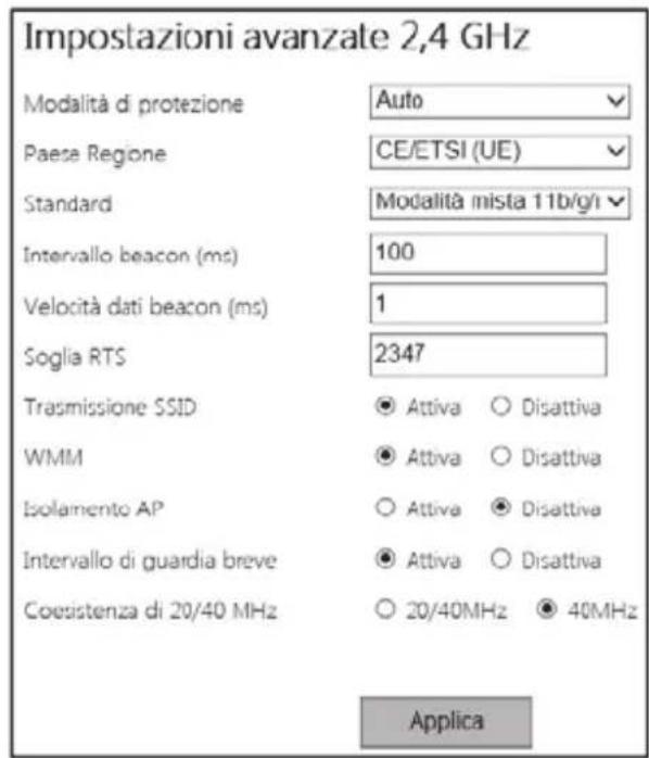 Impostazioni avanzate 2,4 GHz Modalità di protezione Auto Paese Regione CE/ETSI (UE) Standard Modalità mista 11b/g/l Intervallo beacon (ms) 100 Velocità dati beacon (ms) 1 Soglia RTS 2347 Trasmissione SSID Attiva Disattiva WMM Attiva Disattiva Isolamento AP Attiva Disattiva Intervallo di guardia breve Attiva Disattiva Coexistenza di 20/40 MHz 20/40MHz 40MHz Applica