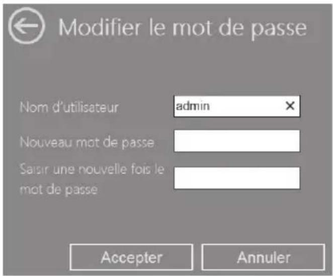 Modifier le mot de passe Nom d'utilisateur admin Nouveau mot de passe Saisir une nouvelle fois le mot de passe Accepter Annuler