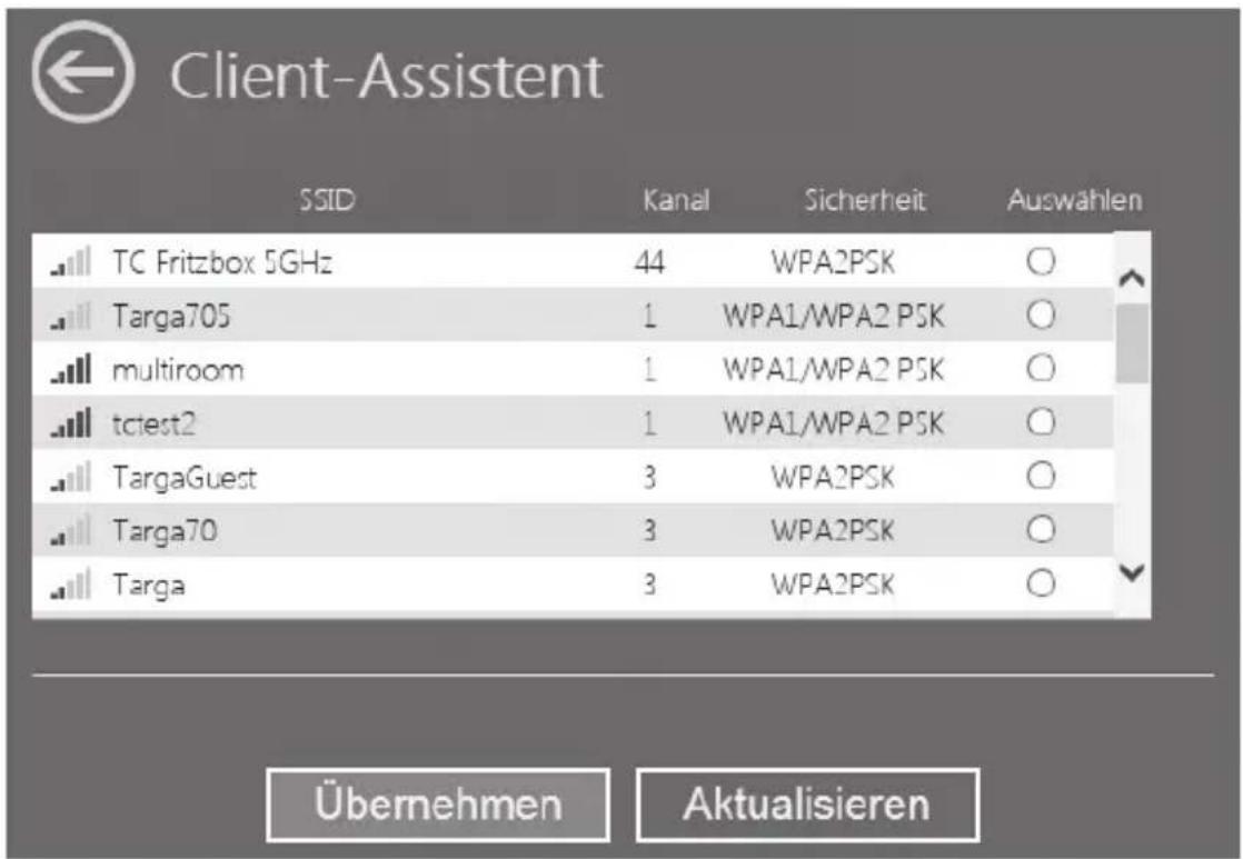 Client-Assistent SSID Kanal Sicherheit Auswählen TC Fritzbox 5GHz 44 WPA2PSK ○ Targa705 1 WPA1/WPA2 PSK ○ multiroom 1 WPA1/WPA2 PSK ○ tciest2 1 WPA1/WPA2 PSK ○ TargaGuest 3 WPA2PSK ○ Targa70 3 WPA2PSK ○ Targa 3 WPA2PSK ○ Übernehmen Aktualisieren