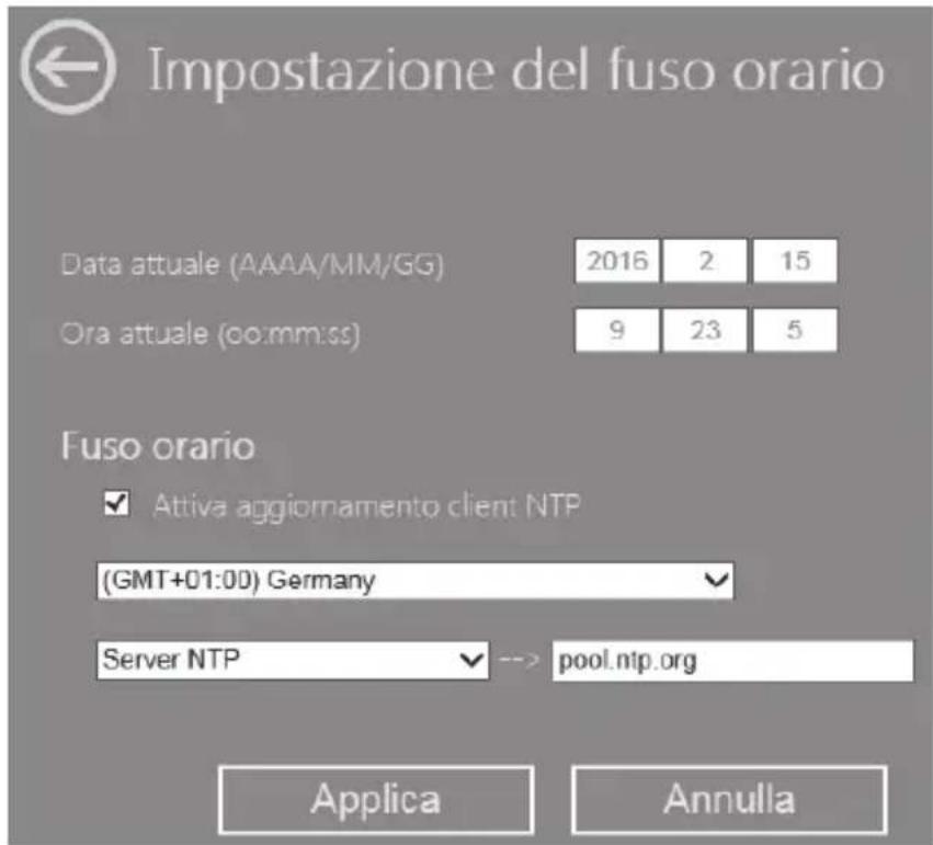 Impostazione del fuso orario Data attuale (AAAA/MM/GG) 2016 2 15 Ora attuale (oo:mm:ss) 9 23 5 Fuso orario ✓ Attiva aggiornamento client NTP (GMT+01:00) Germany Server NTP --> pool.ntp.org Applica Annulla