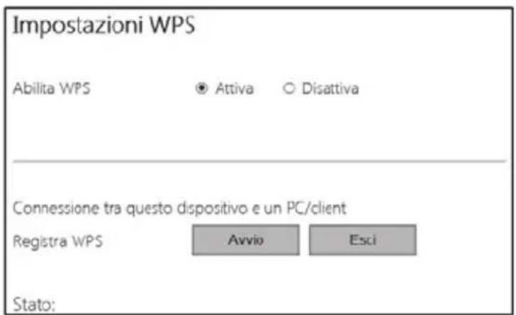 Impostazioni WPS Abilita WPS Attiva Disattiva Connessione tra questo dispositivo e un PC/client Registra WPS Avvio Esci Stato: