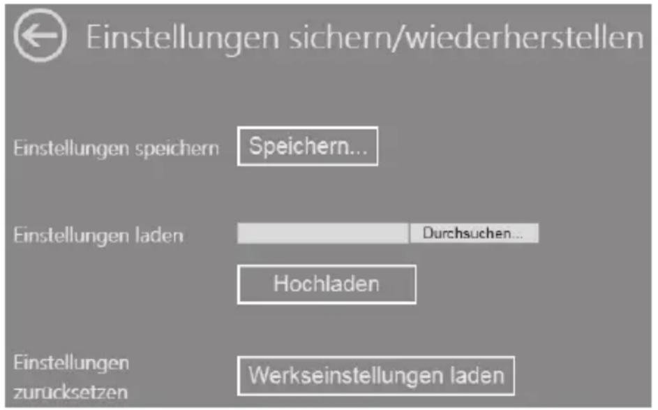 Einstellungen sichern/wiederherstellen Einstellungen speichern Speichern... Einstellungen laden Durchsuchen... Hochladen Einstellungen zurücksetzen Werkseinstellungen laden