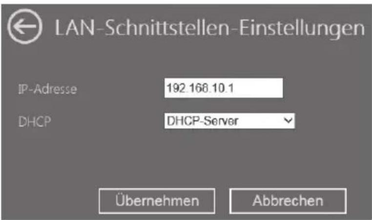 LAN-Schnittstellen-Einstellungen IP-Adresse 192.168.10.1 DHCP DHCP-Server Übernehmen Abbrechen