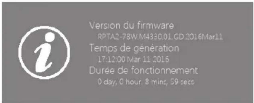 Version du firmware RPTA2-78W.M4330.01.GD.2016Mar11 Temps de génération 17:12:00 Mar 11 2016 Durée de fonctionnement 0 day, 0 hour, 8 mins, 59 secs.