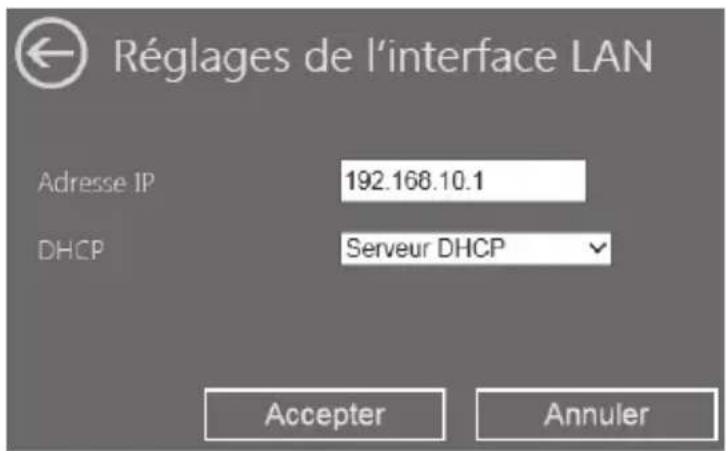 Réglages de l'interface LAN Adresse IP 192.168.10.1 DHCP Serveur DHCP Accepter Annuler