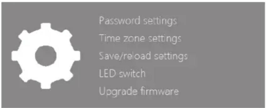 Password settings Time zone settings Save/reload settings LED switch Upgrade firmware