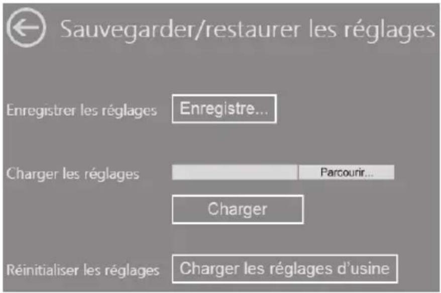 Sauvegarder/restaurer les réglages Enregistrer les réglages Enregistre... Charger les réglages Parcourir... Charger Réinitialiser les réglages Charger les réglages d'usine