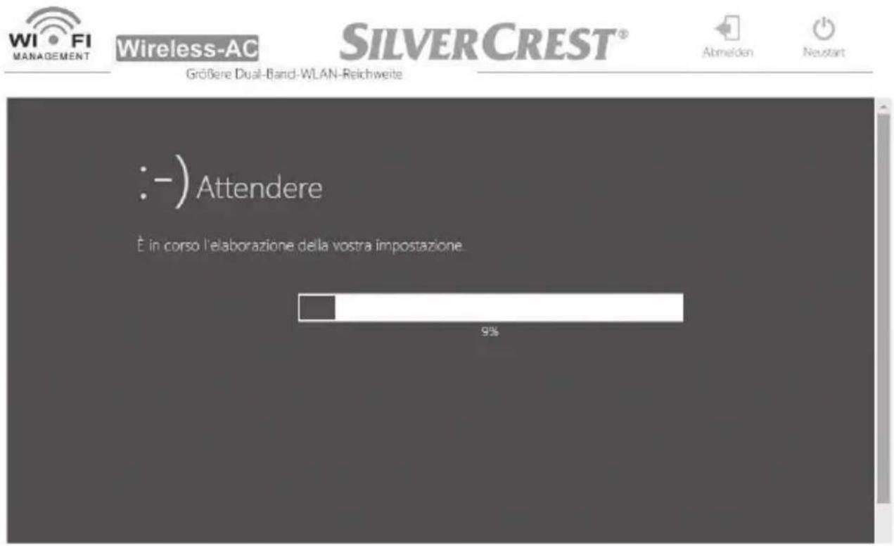 WI FI MANAGEMENT Wireless-AC SILVER CREST® Größere Dual-Band-WLAN-Reichweite Abmelden Neustart :-) Attendere È in corso l'elaborazione della vostra impostazione. 9%