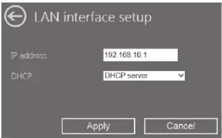 LAN interface setup IP address 192.168.10.1 DHCP DHCP server Apply Cancel