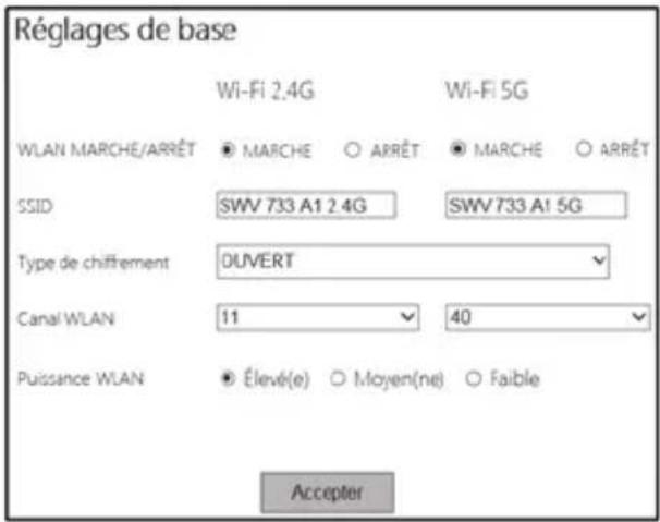 Réglages de base Wi-Fi 2.4G Wi-Fi 5G WLAN MARCHE/ARRÊT MARCHÉ ARRÊT MARCHÉ ARRÊT SSID SWV 733 A1 2.4G SWV733 A1 5G Type de chiffrement DUVERT Canal WLAN 11 40 Puissance WLAN Élevé(e) Moyen(ne) Faible Accepter
