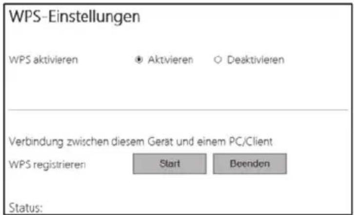 WPS-Einstellungen WPS aktivieren ● Aktivieren ○ Deaktivieren Verbindung zwischen diesem Gerät und einem PC/Client WPS registrieren Start Boenden Status: