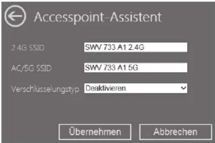 Accesspoint-Assistent 2.4G SSID SWV 733 A1 2.4G AC/5G SSID SWV 733 A1 5G Verschlusselungstyp Deaktivieren Übernehmen Abbrechen