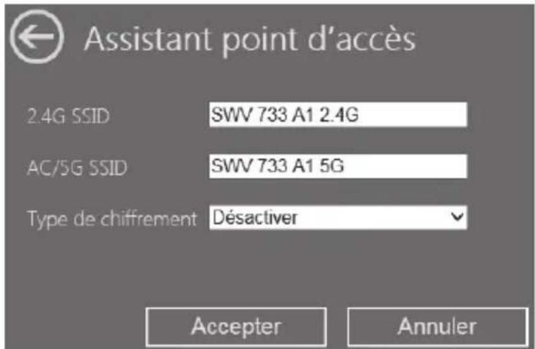 Assistant point d'accès 2.4G SSID SWV 733 A1 2.4G AC/5G SSID SWV 733 A1 5G Type de chiffrement Désactiver Accepter Annuler