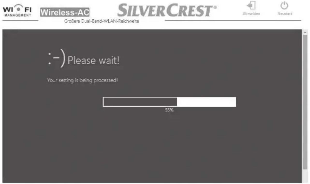 WIFI MANAGEMENT Wireless-AC SILVER CREST® Großere Dual-Band-WLAN-Reichweite Abmelden Neustart :-) Please wait! Your setting is being processed! 55%
