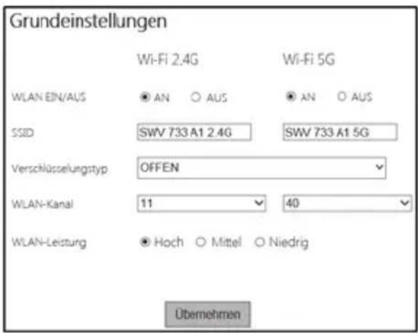 Grundeinstellungen Wi-Fi 2.4G Wi-Fi 5G WLAN EIN/AUS ● AN ○ AUS ● AN ○ AUS SSID SWV 733 A1 2.4G SWV 733 A1 5G Verschlüsselungstyp OFFEN WLAN-Kanal 11 40 WLAN-Leistung ● Hoch ○ Mittel ○ Niedrig Übernehmen