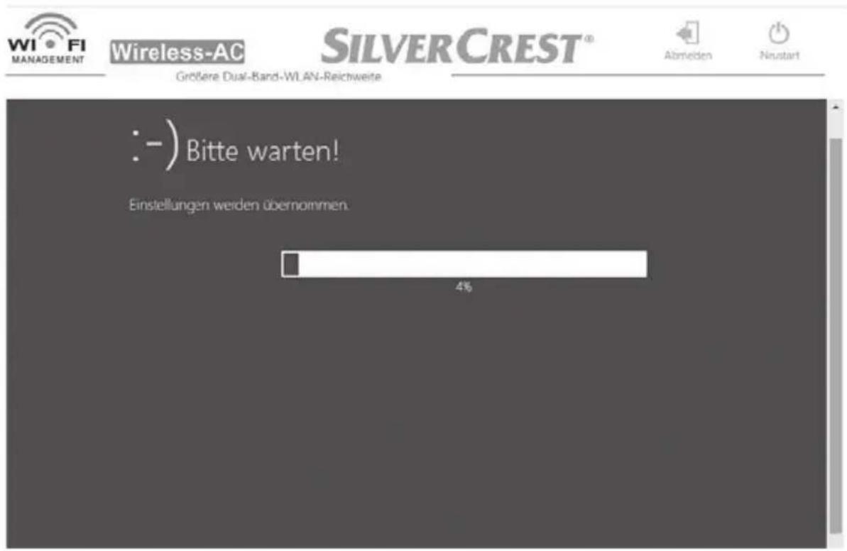 Wi Fi MANAGEMENT Wireless-AC SILVER CREST® Größere Dual-Band-WLAN-Reichweite :— Bitte warten! Einstellungen werden übernommen. 4%