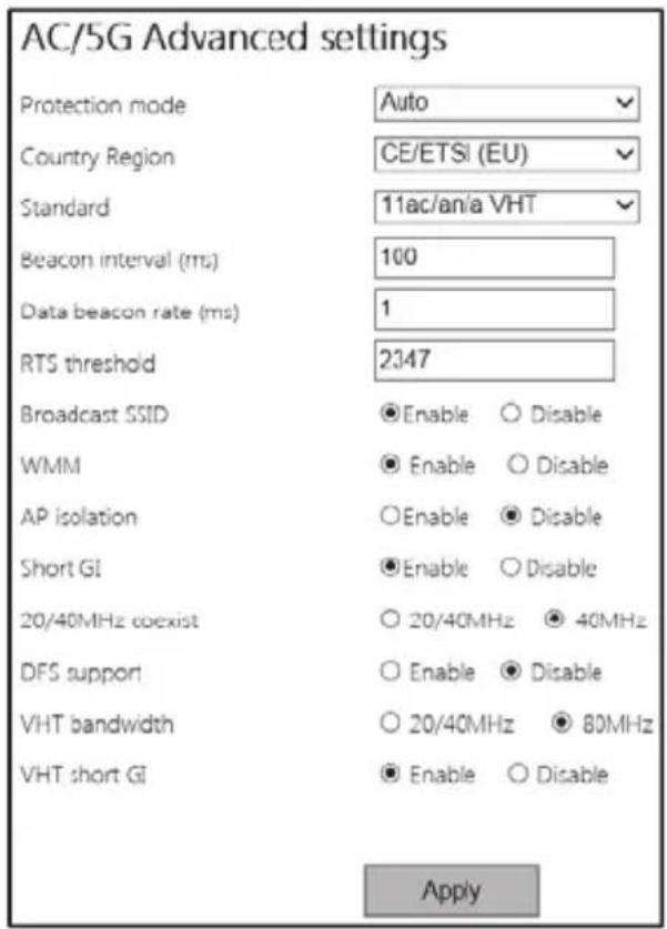 AC/5G Advanced settings Protection mode Auto Country Region CE/ETSI (EU) Standard 11ac/an/a VHT Beacon interval (ms) 100 Data beacon rate (ms) 1 RTS threshold 2347 Broadcast SSID ● Enable ○ Disable WMM ● Enable ○ Disable AP isolation ○ Enable ● Disable Short GI ● Enable ○ Disable 20/40MHz coexist ○ 20/40MHz ● 40MHz DFS support ○ Enable ● Disable VHT bandwidth ○ 20/40MHz ● 80MHz VHT short GI ● Enable ○ Disable Apply