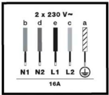 2 x 230 V~ b d e c a N1 N2 L1 L2 16A