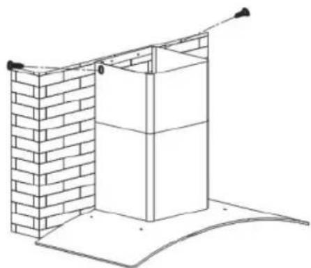 Architectural line drawing of a brick wall structure with support beams and a curved base (no text or symbols)