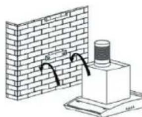 Diagram showing brick wall installation with a pipe and pipe outlet, labeled with dimensions and directional arrows
