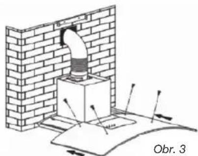 Diagram of a chimney structure with an attached box, showing airflow direction and components (no text or symbols)