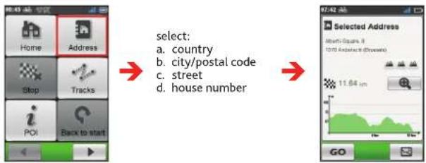 Home Address Stop Tracks i Back to start select: a. country b. city/postal code c. street d. house number Selected Address Alert-Square 8 10/24 Android (Drawout) 11.64 pm GO