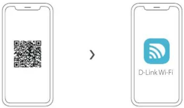 Diagram showing a QR code being processed by D-Link Wi-Fi, indicating data transfer or conversion.